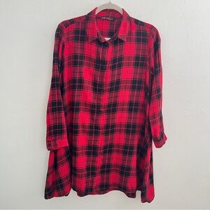 NEW Zara Red & Black Plaid flannel Shirt Dress Tunic Button Down SMALL